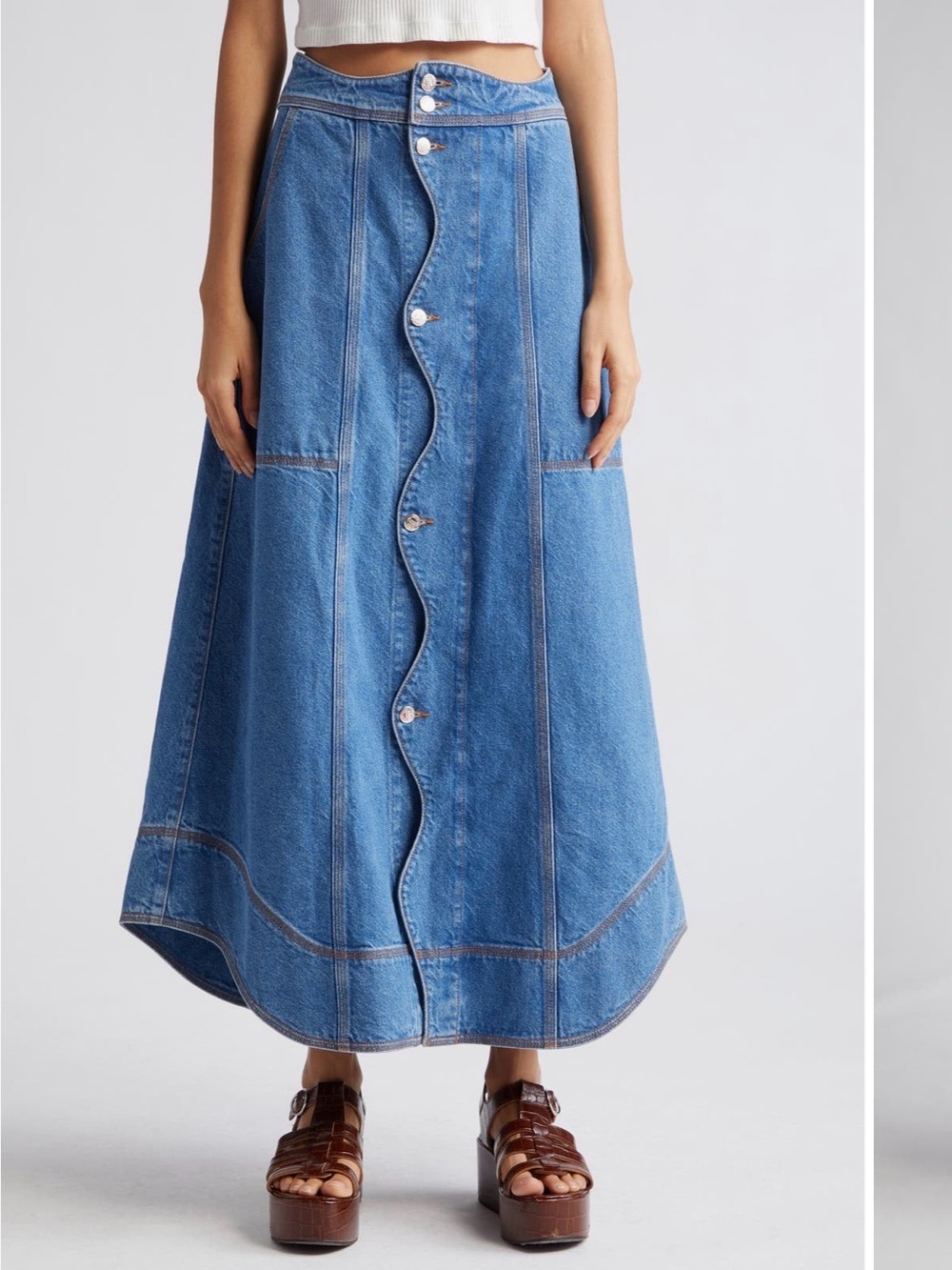 Farm Rio Women's Blue Denim Maxi Skirt with Scallop Button Front 27